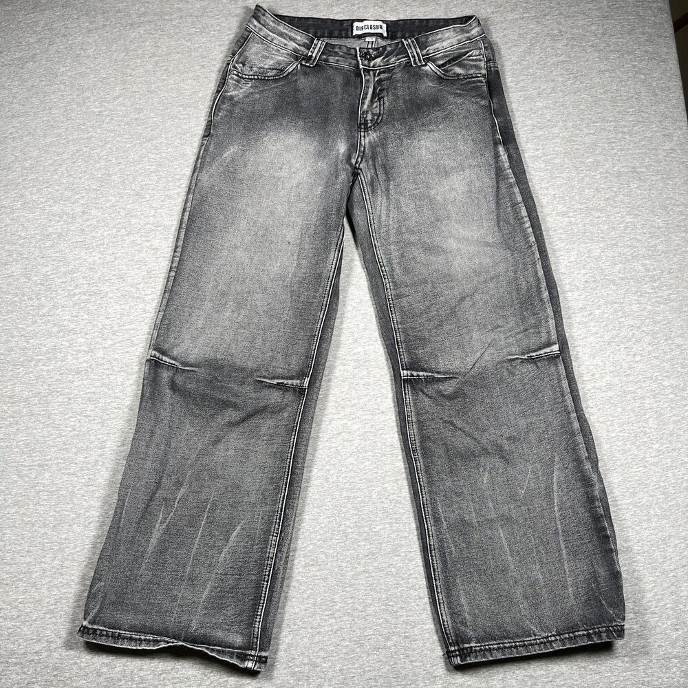 DISCLOSURE Jeans Womens 7/28 Gray Wide Leg Mid Rise Distressed Angel Wings